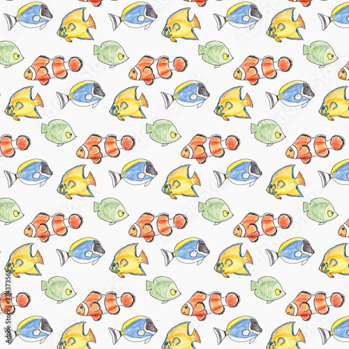 Hand drawn seamless pattern with colorful fishes on a white background.