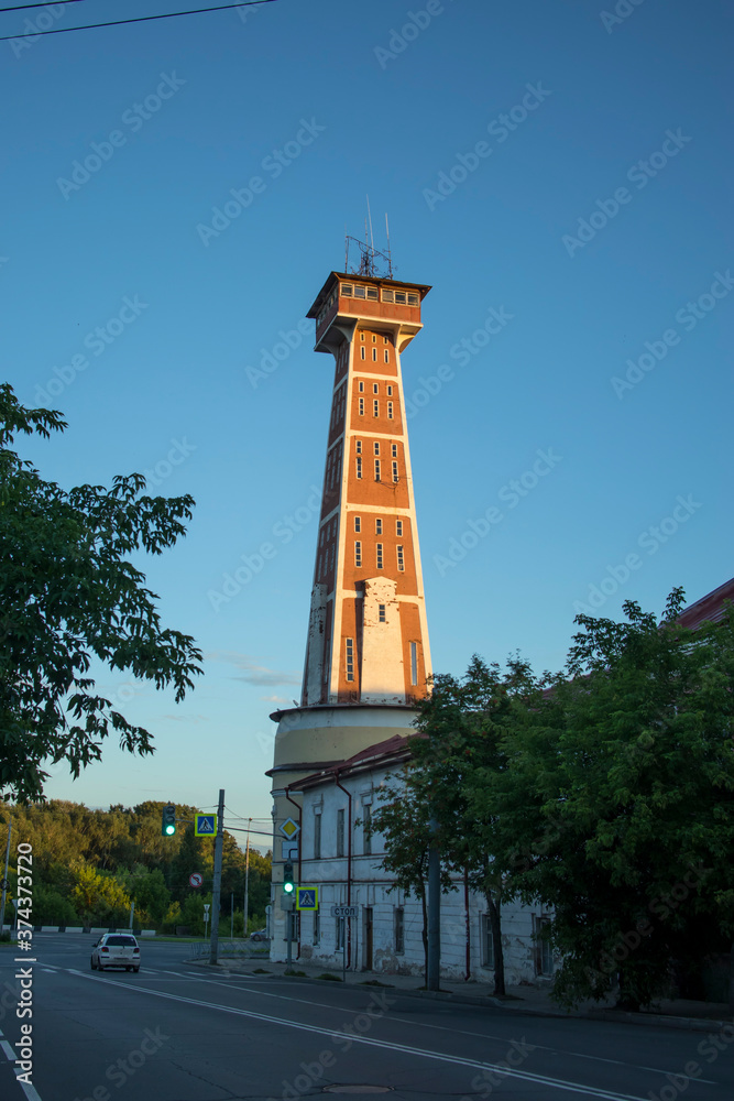 Old fire tower (monument of history and architecture of 19th century). Rybinsk, Yaroslavl Oblast, Russia.