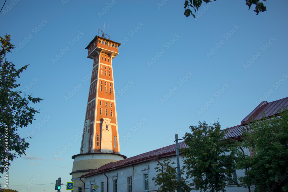 Old fire tower (monument of history and architecture of 19th century). Rybinsk, Yaroslavl Oblast, Russia.