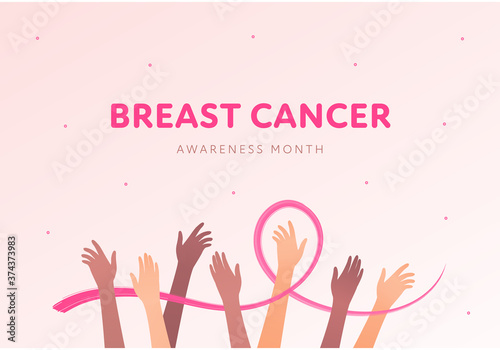 Breast cancer prevention concept. Vector flat illustration. Health care banner template. Pink ribbon symbol around multiethnic human hands. October cancer awareness month. Design element