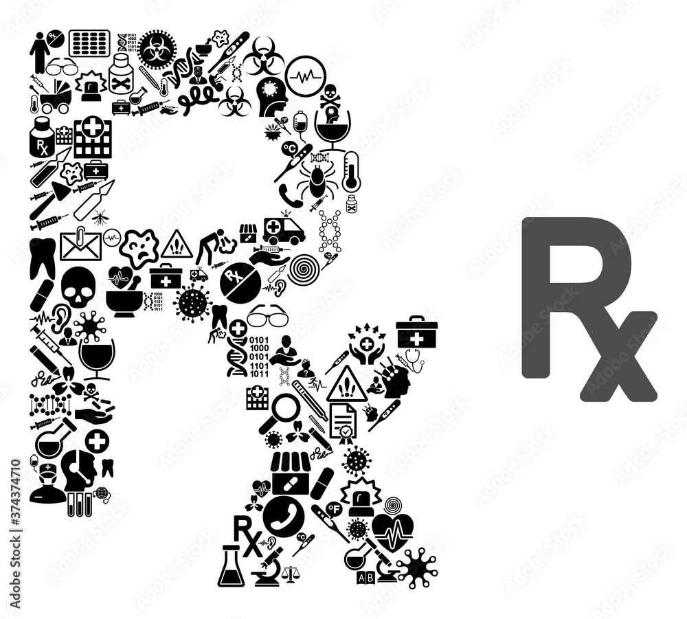 Mosaic Rx symbol of medic items and basic icon. Mosaic vector Rx symbol is formed of medic symbols. Abstract illustrations elements for clinic advertisement. Mosaic Rx symbol of medic items and basic icon. Mosaic vector Rx symbol is formed of medic symbols. Abstract illustrations elements for clinic advertisement.