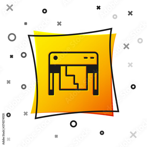 Black Plotter icon isolated on white background. Large format multifunction printer. Polygraphy, printshop service. Yellow square button. Vector.