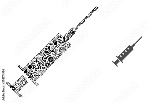 Mosaic syringe with medicine items and basic icon. Mosaic vector syringe is composed with medicine items. Abstract illustrations elements for doctor applications.