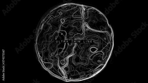 Ultra thin line fluid geometry. Dynamic vector distorted spheres. Digital fractal 3d swirl. Futuristic sound or data waveform. Chaotic particle wave motion trails.