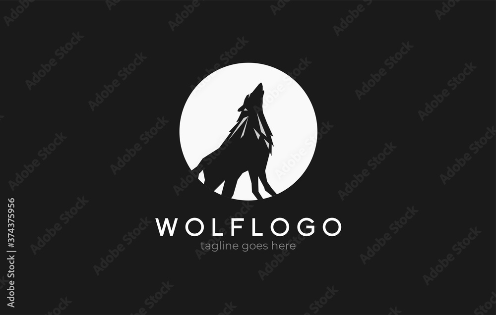 Wolf logo inspiration,  moon with wolf silhouette inside , flat design logo template, vector illustratin