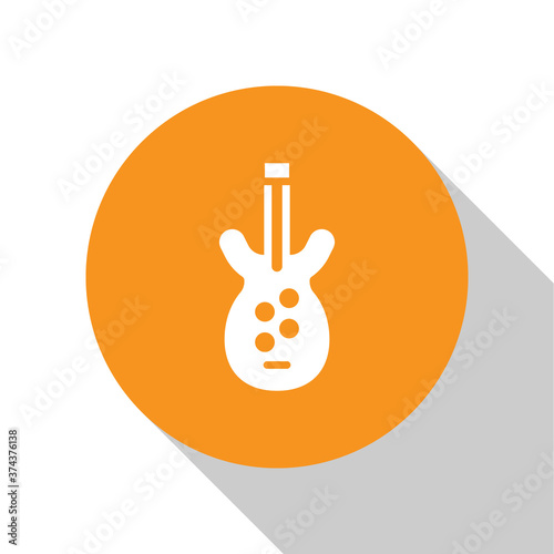 White Electric bass guitar icon isolated on white background. Orange circle button. Vector.