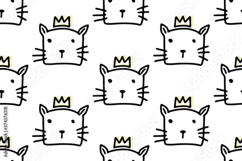 Seamless pattern with hand drawn lines cartoon cats with a crown. Pet animal vector illustration with doodle kittens. For your fabric, textile design, wrapping paper or wallpaper.