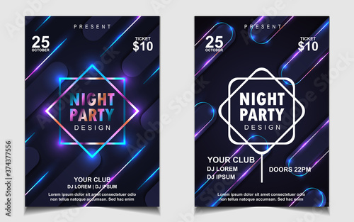 Night dance party electro and music cover design template background with elegant style neon color. Colorful light style vector for concert disco, club party, event flyer invitation, festival poster