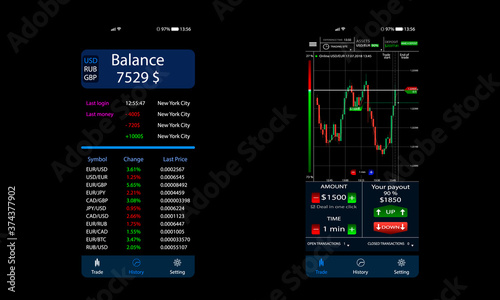 Trading platform screen, binary options interface, realistic smartphone on a black isolated background, vector illustration