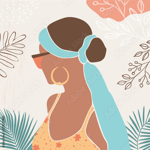 Vector trendy abstract art template with girl portrait, geometric elements and plants.