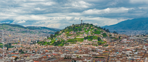Panorama of the skyline of Quito and its historic city center, Ecuador.