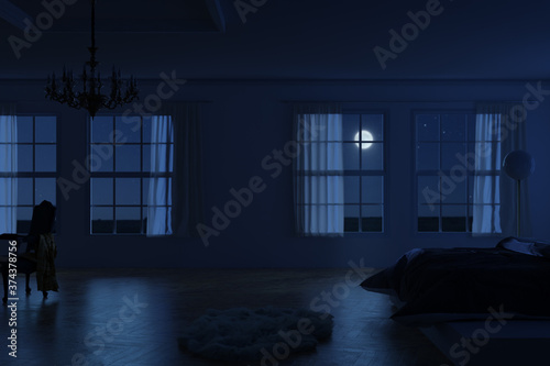 Photography 3d rendering of classic bedroom apartment in the moonlight