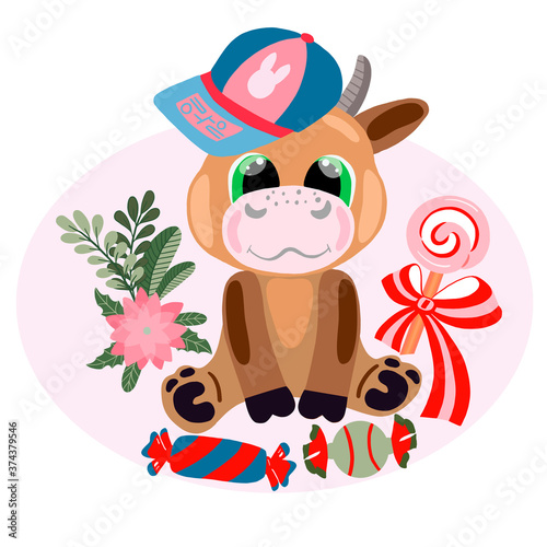 Fototapeta Naklejka Na Ścianę i Meble -  Vector image of a cute cartoon bull with flowers, candy on a pink background. For the design of postcards, posters, prints for t-shirts, covers, stickers