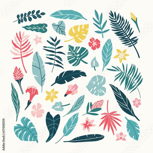 Vector illustration of tropical leaves and flowers in blue, green, pink, and yellow colors.