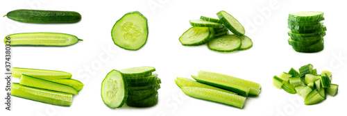 Fresh whole and sliced cucumber. Close up. Isolated on white background. High quality photo