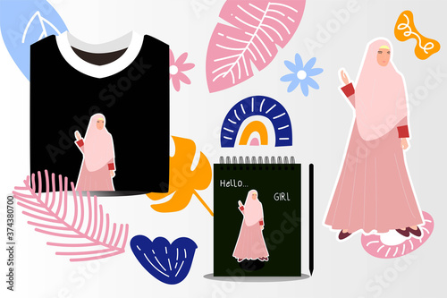 Islamic hijab styles for Muslim girls.  Notebook and T-shirt mockup illustration design