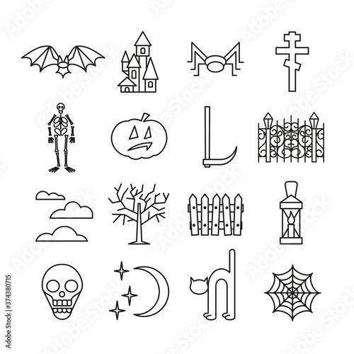 Halloween icon set in line art style isolated on white background. Vector Illustration