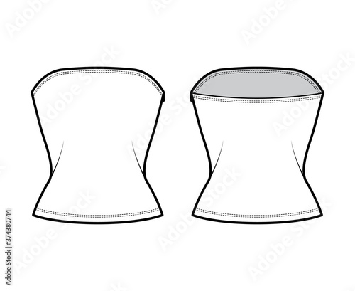 Tube top technical fashion illustration with side zip fastening, fitted body, round neckline. Flat bra swimwear lingerie apparel template front back white color. Women men unisex underwear CAD mockup
