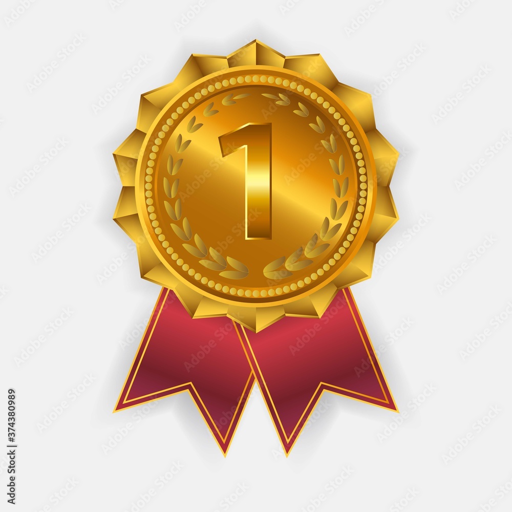 Gold medal with red ribbon. Metallic winner award. Vector illustration. Gold medal with red ribbon. Metallic winner award. Vector illustration.