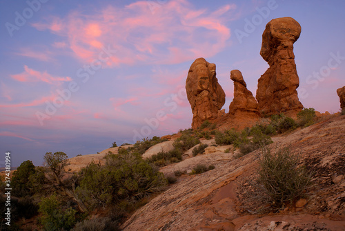 Strange rocks and a pink sunset in Arches National park, Utah.