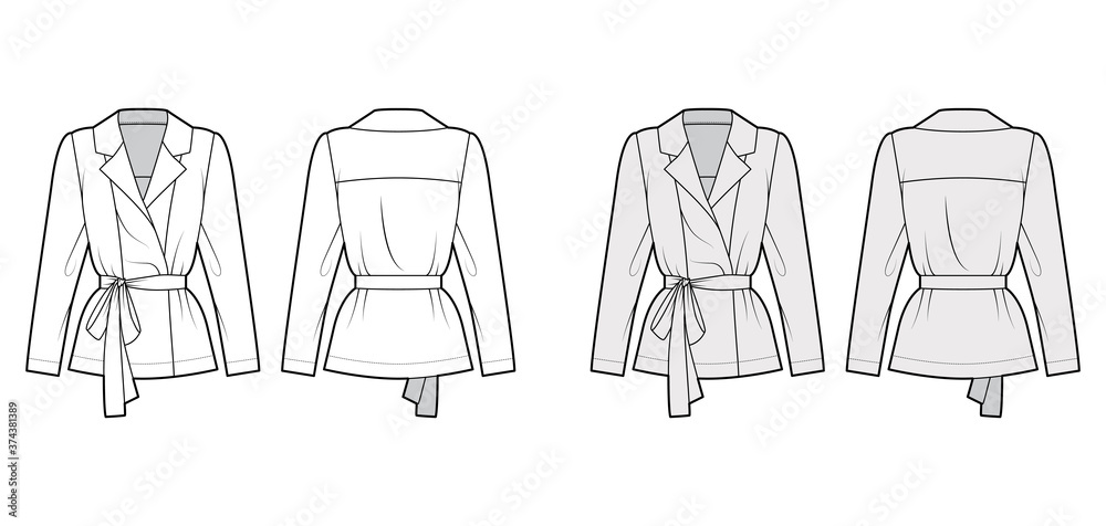 Belted double-breasted wrap shirt technical fashion illustration with relaxed fit pointed notch collar, long sleeves. Flat template front back white grey color. Women men unisex blazer CAD mockup Belted double-breasted wrap shirt technical fashion illustration with relaxed fit pointed notch collar, long sleeves. Flat template front back white grey color. Women men unisex blazer CAD mockup