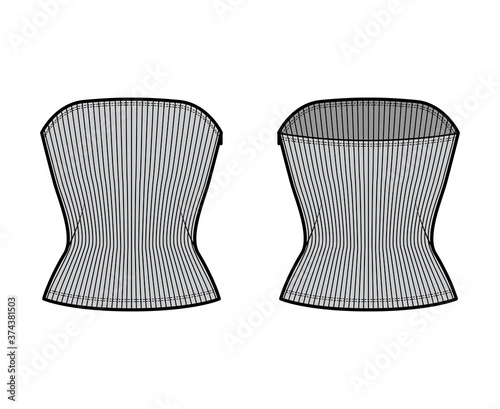 Ribbed tube top technical fashion illustration with side zip fastening, fitted body, round neckline, slim fit. Flat top apparel template front, back, grey color. Women men unisex knit CAD mockup 