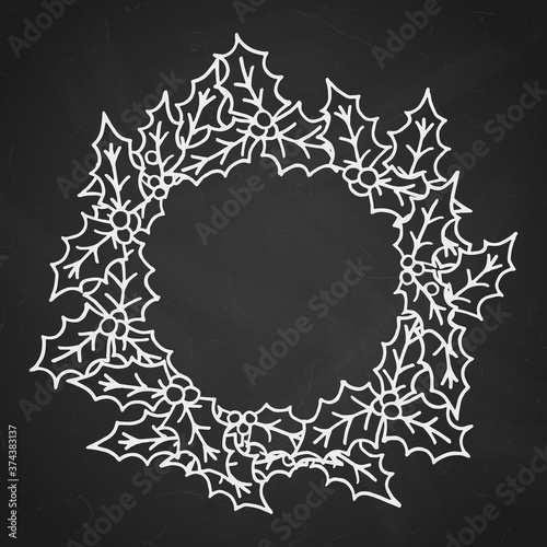Fototapeta Naklejka Na Ścianę i Meble -  Christmas holly doodle chalk wreath