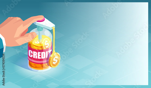 Vector of a business man pumping money out of hand sanitizer dispenser bottle