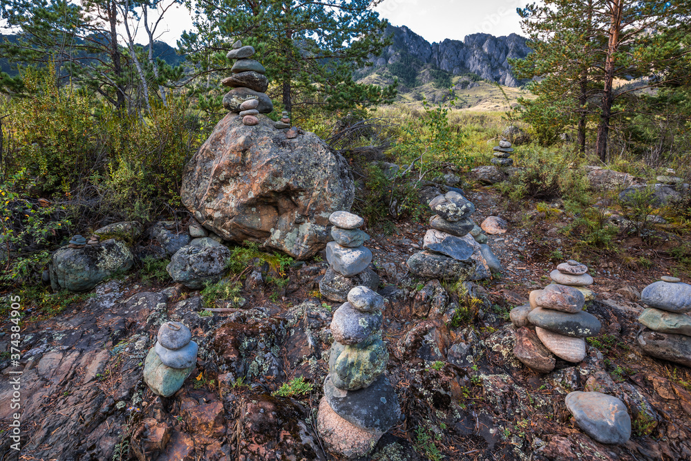 Mountain landscape with pyramids of stones. Altai republic Mountain landscape with pyramids of stones. Altai republic