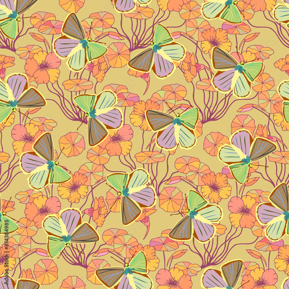 Obraz premium Seamless pattern of plants of flowers nasturtium and butterflies. Vector stock illustration eps10