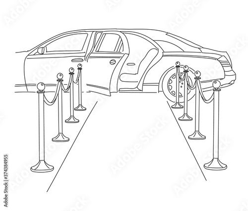 Limousine with an open door on the red carpet. The release of a movie or show business star. Vector linear illustration