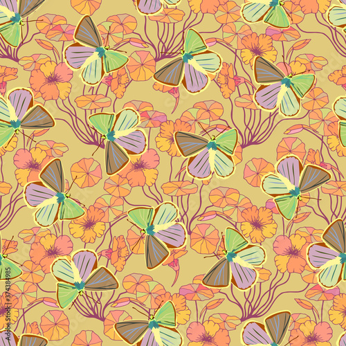 Seamless pattern of plants of flowers nasturtium and butterflies. Vector stock illustration eps10 © Yevheniia