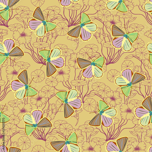 Seamless pattern of plants of flowers nasturtium and butterflies. Vector stock illustration eps10