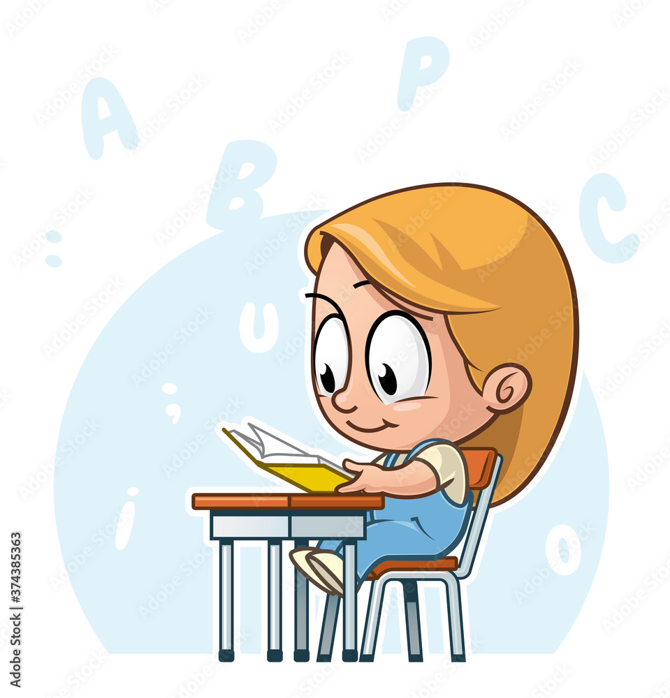 Cartoon illustration of an Elementary schoolchild reading a book