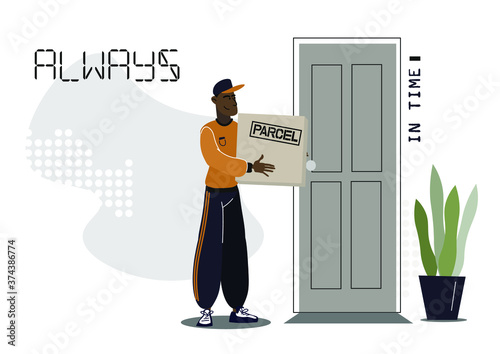 Black postman bringing a parcel to the door. Door to door delivery. Courier delivery. Flat illustration of people in trendy style