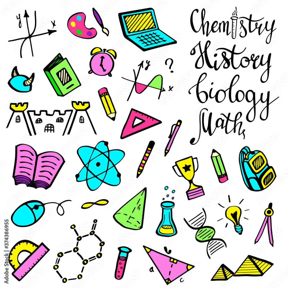 Back to school vector illustrations. Education and science. Set of school supplies in doodle style isolated on white background. Back to school vector illustrations. Education and science. Set of school supplies in doodle style isolated on white background.