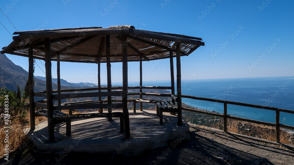 Great Sea View, Viannos, Greece - 2020: You can see the Libyan sea, and the villages