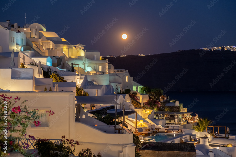moonrise at evening at Oia Santorini Greece Europe - obrazy, fototapety, plakaty 