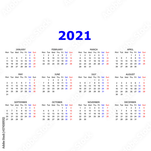 Calendar 2021 year. Simple design. Week starts on Monday 