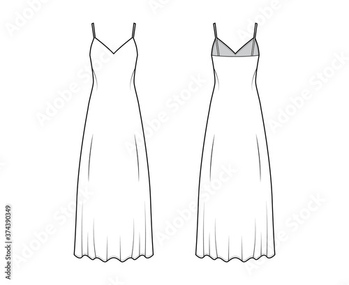 Strap sun dress technical fashion illustration with deep V-neck, maxi ancle length, loose shape, semi-sircular fullness. Flat apparel template front back white color. Women, men, unisex top CAD mockup