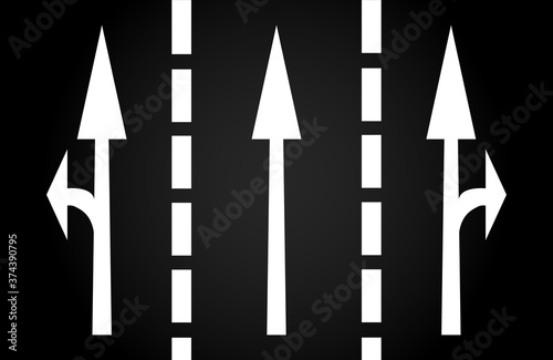 Street white directional arrows on asphalt surface. Road marking lines. Go straight, turn left or right. Vector illustration of traffic symbol for drivers. Aerial view.