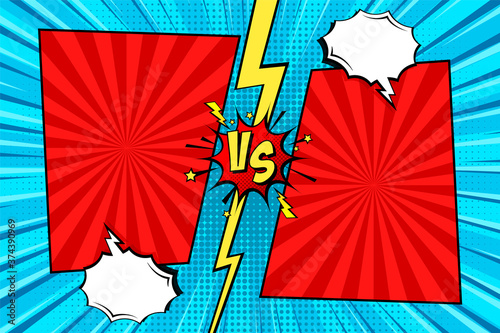 Cartoon comic background. Fight versus. Comics book colorful competition poster with halftone elements. Retro Pop Art style. Vector illustration.