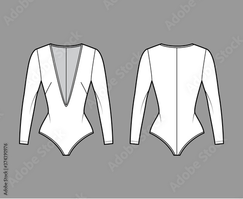 Stretch-jersey bodysuit technical fashion illustration with plunging V-neck, long sleeves, back zip fastening. Flat one-piece template front, back, white color. Women men unisex swimsuit CAD mockup