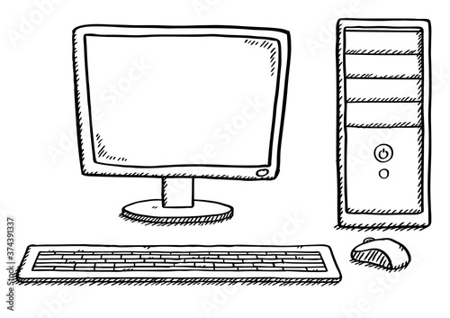Black and white doodle of computer. Hand drawn doodle vector illustration.