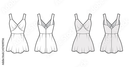 Camisole slip top technical fashion illustration with sweetheart neck, wide straps, slim fit, elongated peplum hem. Flat tank apparel template front, back white grey color. Women men unisex CAD mockup