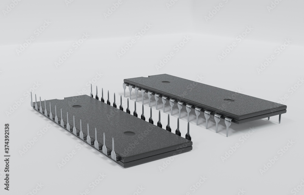 Old retro microprocessor micro chip close up from 80s and 90s computers. 3D illustration Old retro microprocessor micro chip close up from 80s and 90s computers. 3D illustration
