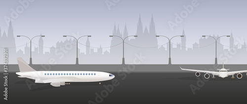 The airport. Airplane on the runway. Flat style. Vector.