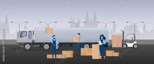 Loading cargo into the car. Movers carry boxes. The concept of moving and delivery. Truck, forklift, loader. Vector.