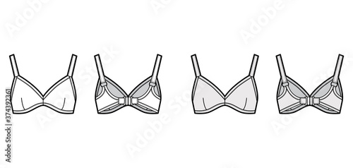 Bustier top bralette technical fashion illustration with adjustable thick straps, clasp fastening at back. Flat bra swimwear lingerie template front, white, grey color. Women, men underwear CAD mockup