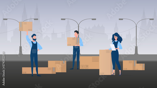 People with boxes. Movers are holding cardboard boxes. The girl with the list in her hands. Design element on the subject of delivery and moving. Vector.